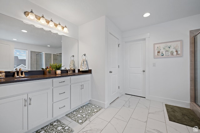 296 E 12025th St S, Draper, UT 84020 - full bath with baseboards, double vanity, a stall shower, marble look tile flooring, and recessed lighting