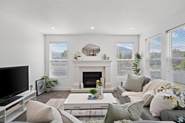 296 E 12025th St S, Draper, UT 84020 - living area featuring healthy amount of natural light, a textured ceiling, baseboards, recessed lighting, and a glass covered fireplace