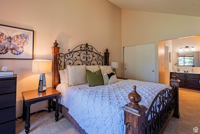 2025 Canyon Resort Dr Unit L-5, Park City, UT 84098 - bedroom featuring carpet floors, a closet, high vaulted ceiling, and ensuite bath