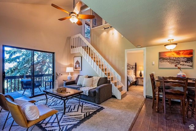 2025 Canyon Resort Dr Unit L-5, Park City, UT 84098 - living room with stairway, ceiling fan, hardwood / wood-style floors, and a high ceiling