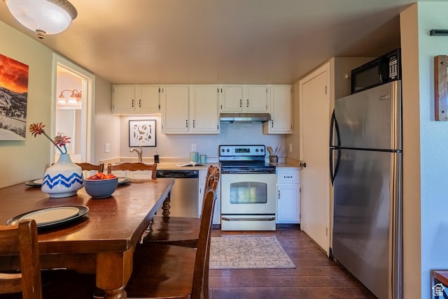 2025 Canyon Resort Dr Unit L-5, Park City, UT 84098 - kitchen with stainless steel appliances, under cabinet range hood, dark wood-type flooring, white cabinetry, and light countertops