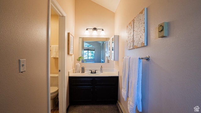 2025 Canyon Resort Dr Unit L-5, Park City, UT 84098 - bathroom with toilet, vanity, vaulted ceiling, and a baseboard heating unit