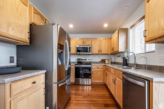 1189 E Fox Crest Dr, Park City, UT 84098 - kitchen featuring appliances with stainless steel finishes, dark wood-style flooring, a sink, light brown cabinets, and recessed lighting