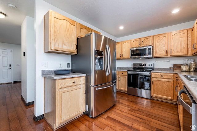 1189 E Fox Crest Dr, Park City, UT 84098 - kitchen featuring stainless steel appliances, dark wood finished floors, light brown cabinets, recessed lighting, and a sink