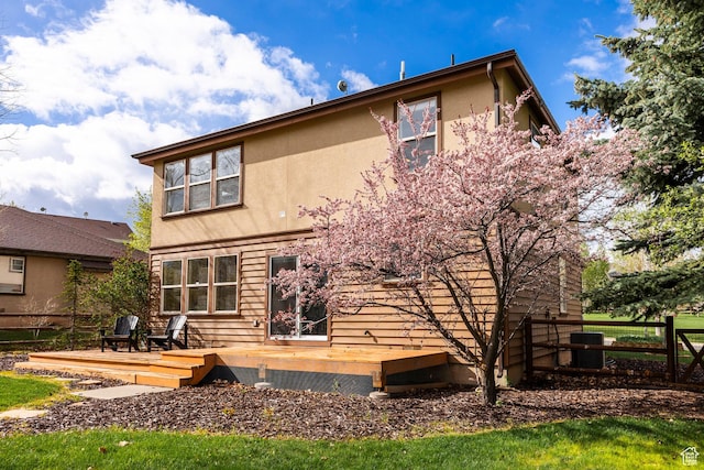 1189 E Fox Crest Dr, Park City, UT 84098 - back of property featuring stucco siding, cooling unit, and a wooden deck