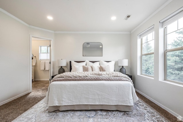 1189 E Fox Crest Dr, Park City, UT 84098 - bedroom with multiple windows, baseboards, ornamental molding, carpet floors, and recessed lighting