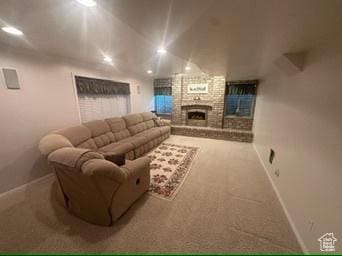 341 E Wilford Ave, Murray, UT 84107 - living area with a large fireplace, baseboards, and carpet floors