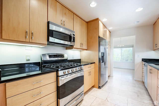 2006 E Creek Rd, Sandy, UT 84093 - kitchen with stainless steel appliances, light brown cabinetry, recessed lighting, light tile patterned flooring, and baseboards