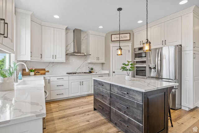 36 E 1450 N, Lehi, UT 84043 - kitchen featuring stainless steel refrigerator with ice dispenser, wall chimney exhaust hood, a sink, white cabinets, and backsplash