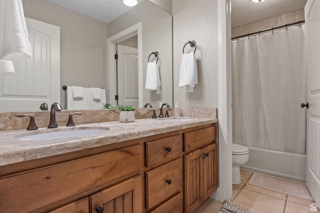 36 E 1450 N, Lehi, UT 84043 - bathroom featuring double vanity, toilet, tile patterned floors, and shower / bath combo with shower curtain