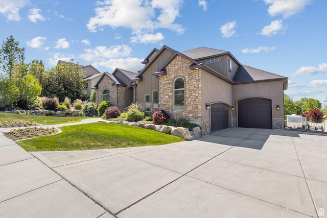 36 E 1450 N, Lehi, UT 84043 - view of front of property featuring stone siding, an attached garage, a front lawn, and concrete driveway