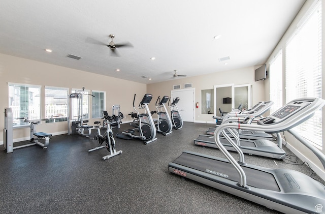 5288 W Solafax Ln Unit 34-1, Herriman, UT 84096 - gym with healthy amount of natural light, a ceiling fan, baseboards, and recessed lighting