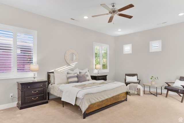 3691 W 2800 S, Hurricane, UT 84737 - bedroom with light carpet, baseboards, recessed lighting, and a ceiling fan