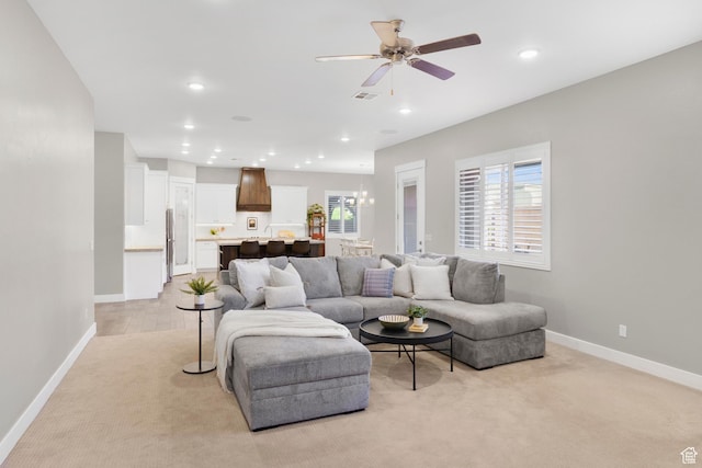 3691 W 2800 S, Hurricane, UT 84737 - living room featuring baseboards, light colored carpet, ceiling fan, and recessed lighting