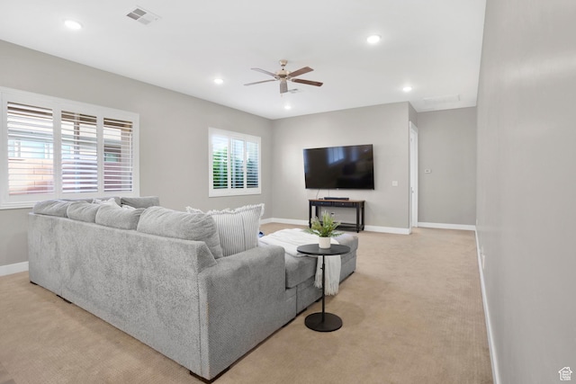 3691 W 2800 S, Hurricane, UT 84737 - living room with light carpet, baseboards, ceiling fan, and recessed lighting