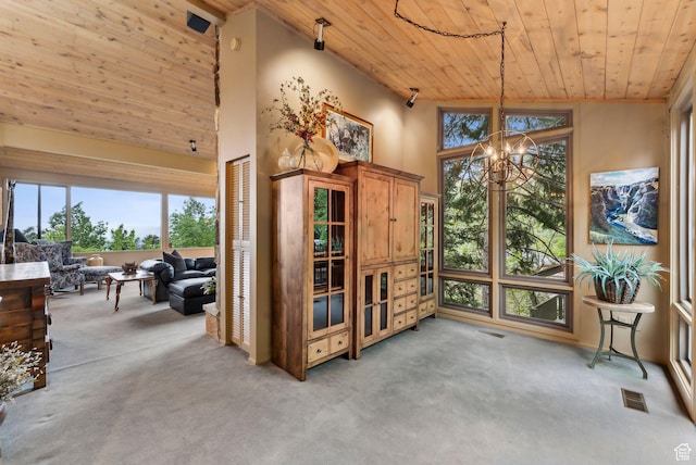 4517 S Abinadi Rd, Millcreek, UT 84124 - dining room with wooden ceiling, light colored carpet, a chandelier, and a towering ceiling