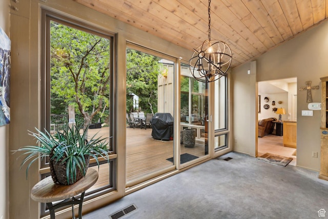 4517 S Abinadi Rd, Millcreek, UT 84124 - entryway with a chandelier, wood ceiling, carpet, and lofted ceiling