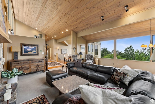4517 S Abinadi Rd, Millcreek, UT 84124 - living room featuring vaulted ceiling, carpet, and wooden ceiling