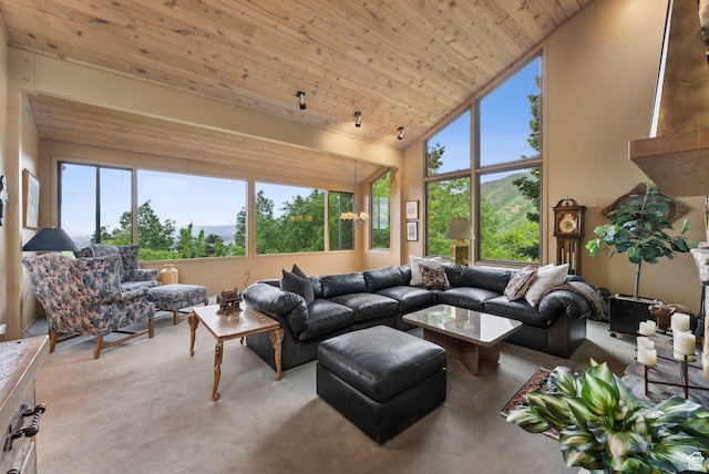 4517 S Abinadi Rd, Millcreek, UT 84124 - living room featuring wooden ceiling, high vaulted ceiling, and carpet floors