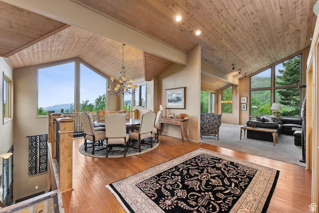 4517 S Abinadi Rd, Millcreek, UT 84124 - dining room with wooden ceiling, vaulted ceiling, hardwood / wood-style floors, and a chandelier