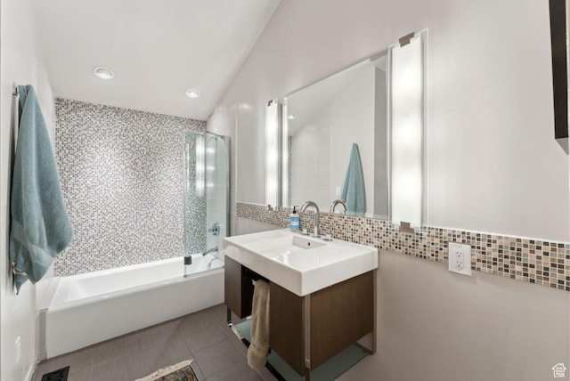 4517 S Abinadi Rd, Millcreek, UT 84124 - bathroom with vanity, backsplash, recessed lighting, shower / tub combination, and tile patterned flooring