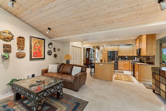 4517 S Abinadi Rd, Millcreek, UT 84124 - living room with vaulted ceiling, wooden ceiling, and light tile patterned floors