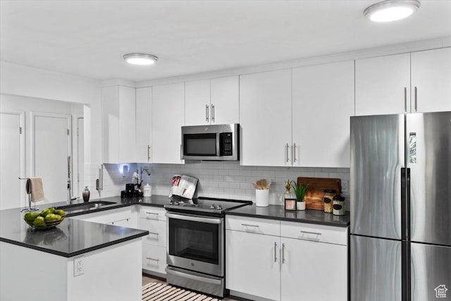 902 E 500 S Unit E, Salt Lake City, UT 84102 - kitchen with appliances with stainless steel finishes, dark countertops, white cabinets, and decorative backsplash