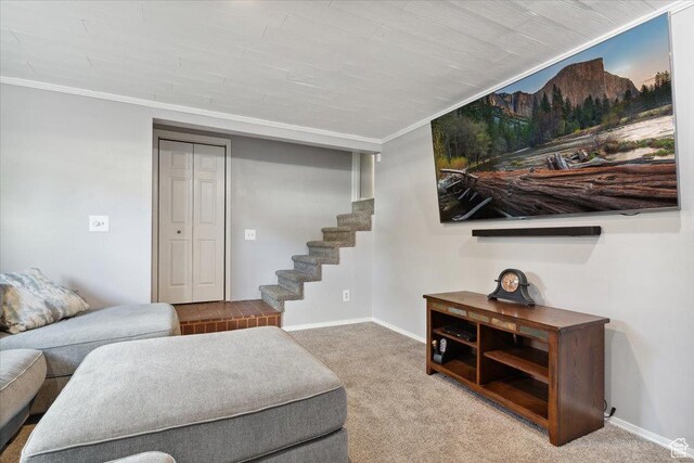 6864 S 3370 W, West Jordan, UT 84084 - carpeted living area with stairs, baseboards, and crown molding