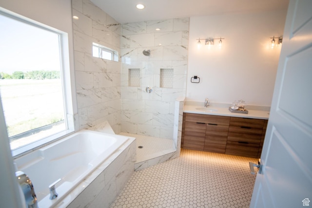 60 S Main, Glenwood, UT 84730 - full bath with a garden tub, a tile shower, vanity, and recessed lighting