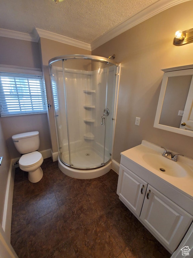 827 E Third Ave N, Salt Lake City, UT 84103 - full bathroom featuring a stall shower, vanity, ornamental molding, toilet, and baseboards