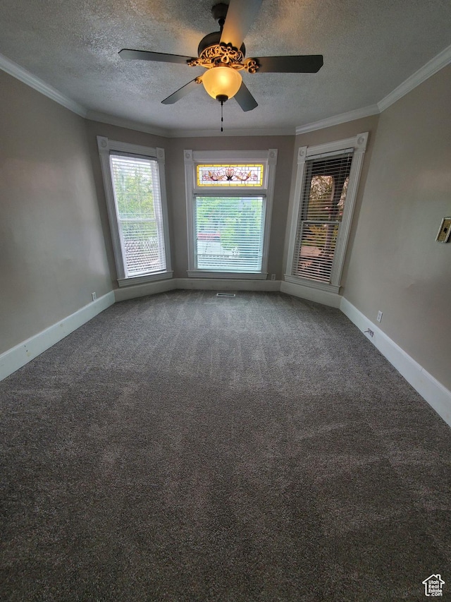 827 E Third Ave N, Salt Lake City, UT 84103 - carpeted spare room featuring crown molding, a textured ceiling, baseboards, and ceiling fan