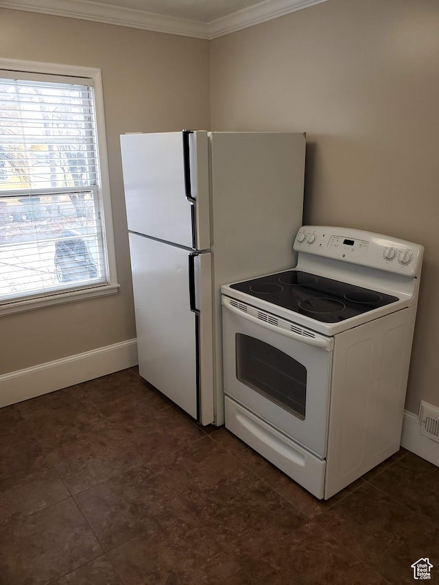 827 E Third Ave N, Salt Lake City, UT 84103 - kitchen with white range with electric cooktop, crown molding, and baseboards