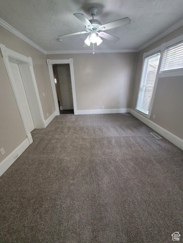 827 E Third Ave N, Salt Lake City, UT 84103 - spare room featuring a textured ceiling, ceiling fan, carpet flooring, crown molding, and baseboards