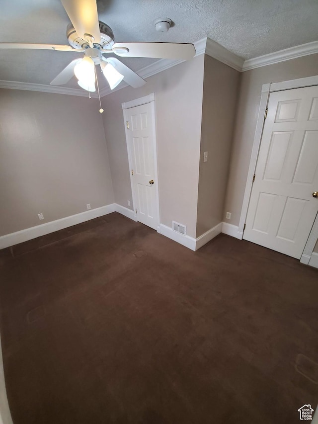 827 E Third Ave N, Salt Lake City, UT 84103 - unfurnished bedroom with baseboards, dark colored carpet, crown molding, and ceiling fan