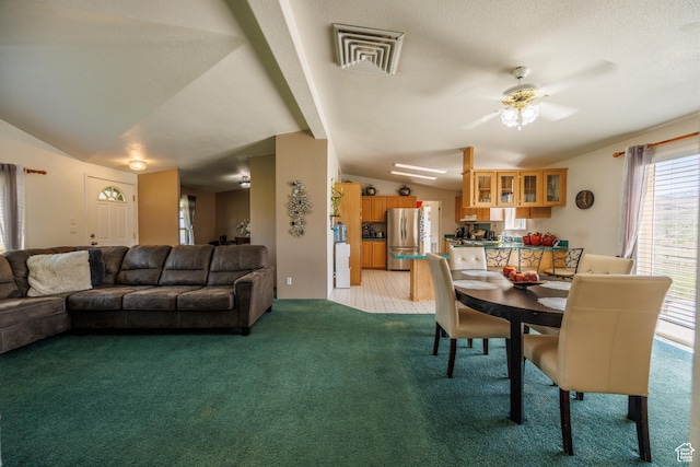 1085 S S River Ridge Ln, Joseph, UT 84739 - dining room with lofted ceiling, light carpet, and ceiling fan