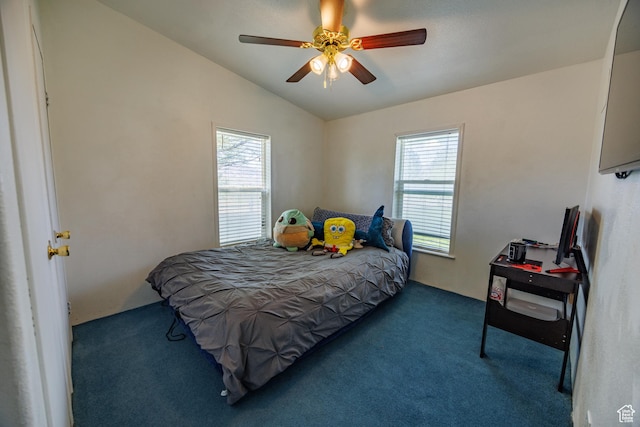 1085 S S River Ridge Ln, Joseph, UT 84739 - bedroom featuring carpet, multiple windows, vaulted ceiling, and ceiling fan