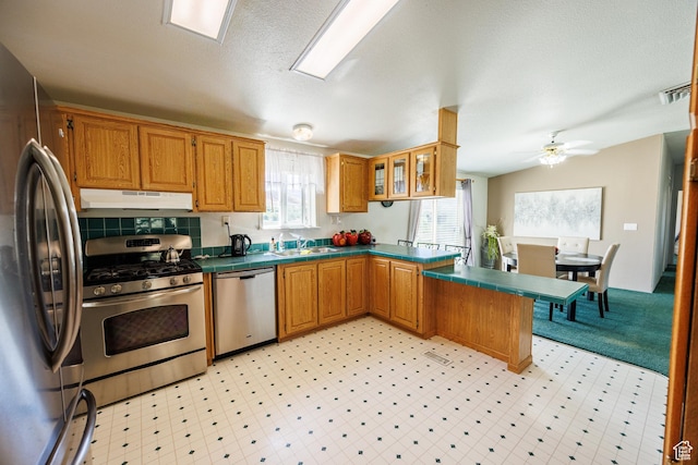 1085 S S River Ridge Ln, Joseph, UT 84739 - kitchen with appliances with stainless steel finishes, under cabinet range hood, a peninsula, tile counters, and a sink