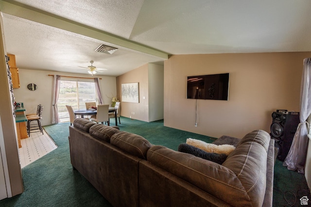 1085 S S River Ridge Ln, Joseph, UT 84739 - living room featuring dark carpet, a ceiling fan, and lofted ceiling