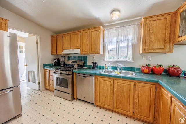 1085 S S River Ridge Ln, Joseph, UT 84739 - kitchen with stainless steel appliances, under cabinet range hood, a sink, light flooring, and glass insert cabinets