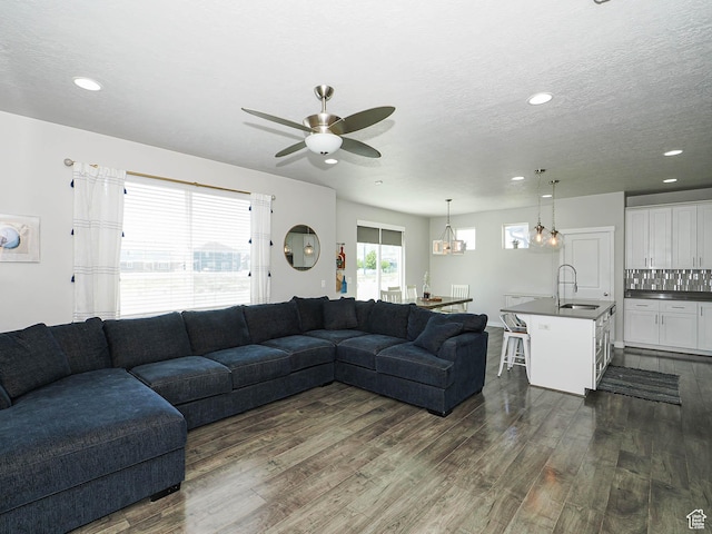 957 W Mckenna Rd, Bluffdale, UT 84065 - living room with dark wood-style flooring, ceiling fan, recessed lighting, and a textured ceiling