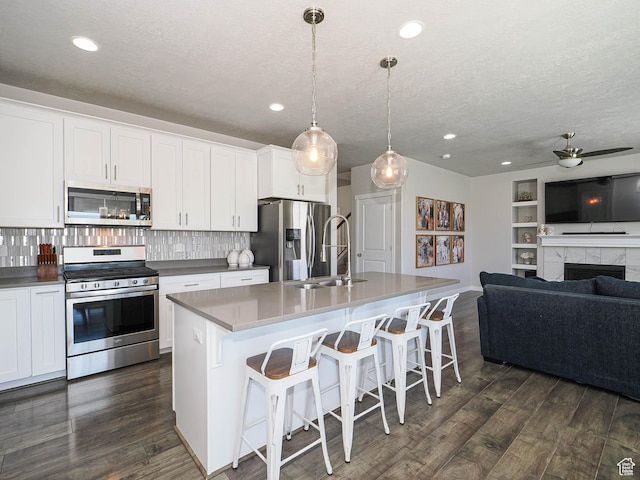 957 W Mckenna Rd, Bluffdale, UT 84065 - kitchen with appliances with stainless steel finishes, a textured ceiling, open floor plan, dark wood-style floors, and a sink
