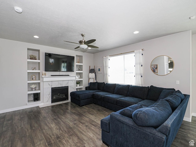 957 W Mckenna Rd, Bluffdale, UT 84065 - living area with ceiling fan, dark wood-style flooring, baseboards, a tile fireplace, and recessed lighting