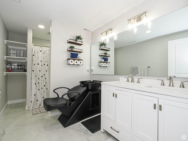 957 W Mckenna Rd, Bluffdale, UT 84065 - full bathroom featuring double vanity, baseboards, finished concrete flooring, and a shower with shower curtain