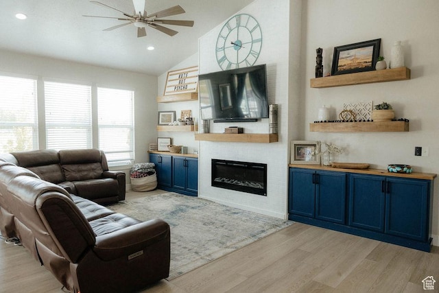 217 S 1230 W Unit 15, Spanish Fork, UT 84660 - living room featuring a ceiling fan, lofted ceiling, light wood-style flooring, a large fireplace, and recessed lighting