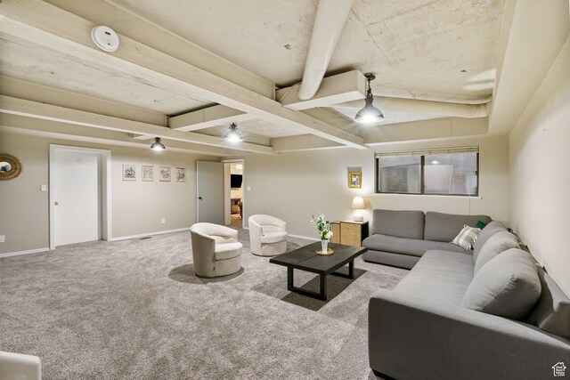 177 S Canyon Ave, Springville, UT 84663 - living area featuring carpet, baseboards, and beam ceiling