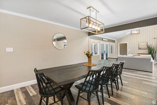 177 S Canyon Ave, Springville, UT 84663 - dining area featuring crown molding, wood finished floors, baseboards, a chandelier, and french doors