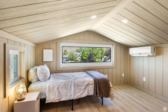 177 S Canyon Ave, Springville, UT 84663 - bedroom featuring a wall unit AC, wood finished floors, vaulted ceiling, wooden walls, and recessed lighting