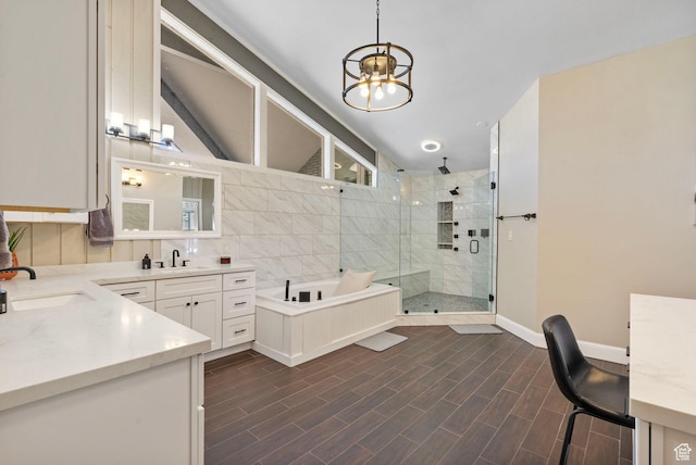 177 S Canyon Ave, Springville, UT 84663 - full bath with a shower stall, lofted ceiling, double vanity, a chandelier, and a bath