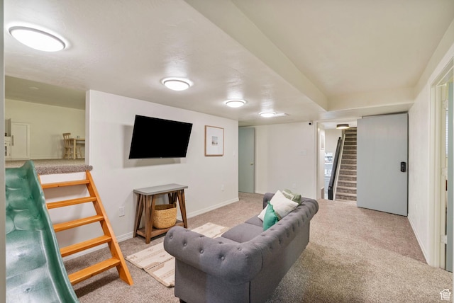 177 S Canyon Ave, Springville, UT 84663 - living room with stairs, light carpet, and baseboards