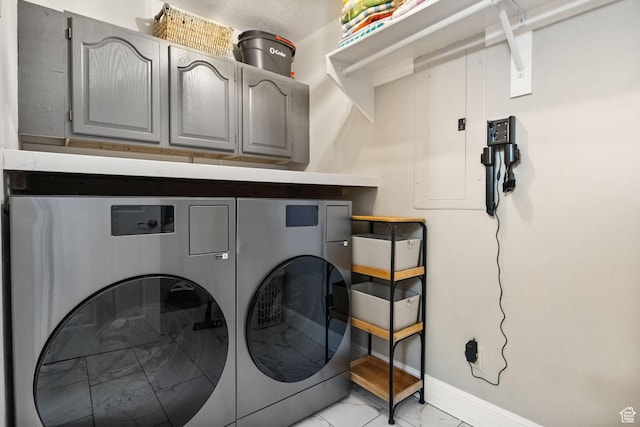 177 S Canyon Ave, Springville, UT 84663 - laundry room featuring cabinet space, light marble finish floors, baseboards, and washer and clothes dryer